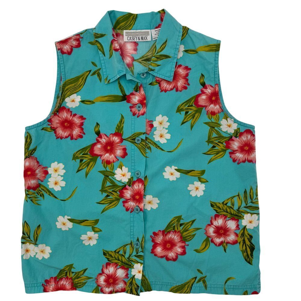 Casey & Max Floral Sleeveless Button Down Top Hawaiian Print Shirt M